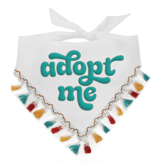 Adopt Me Dog Bandana – Puff Print with Colorful Fringe | Rescue Bandana for Adoptable Dogs | Shelter & Foster Pet Accessory