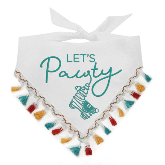 Let's Pawty Dog Bandana – Puff Print with Colorful Fringe | Natural Cotton Birthday Pet Accessory