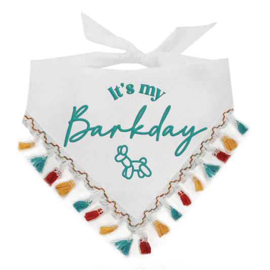 It's My Barkday Dog Bandana – Puff Print with Colorful Fringe | Natural Cotton Birthday Pet Accessory