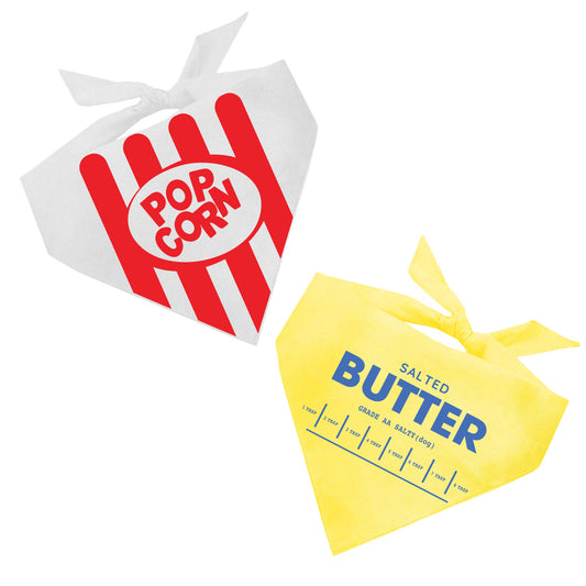 Popcorn & Butter Dog Bandana 2-Pack | 100% Natural Cotton Triangle | Made in USA | Snack-Themed Pet Accessory Set