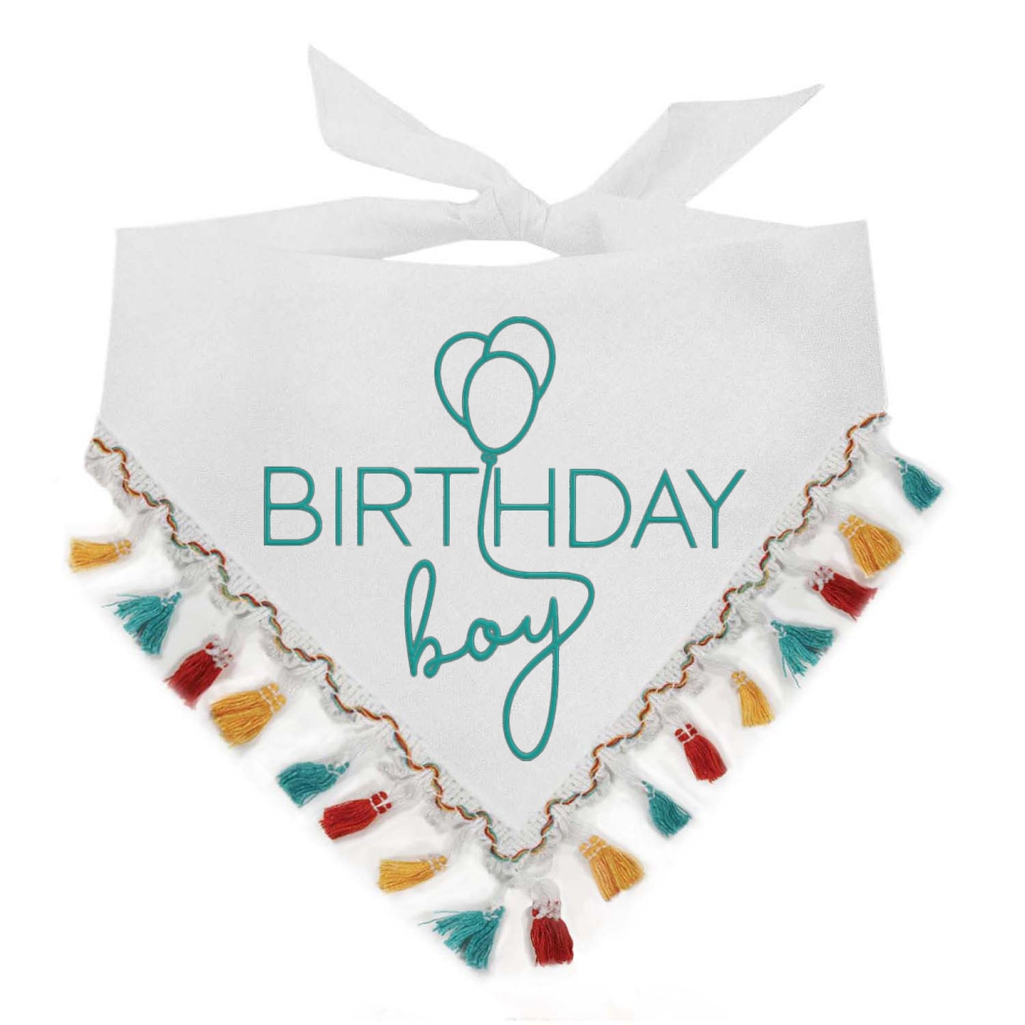 Birthday Boy Dog Bandana – Puff Print with Colorful Fringe | Natural Cotton Birthday Pet Accessory