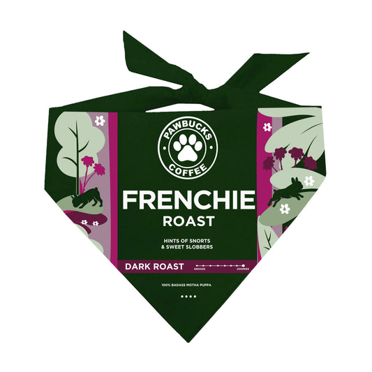 Frenchie Roast Dog Bandana | 100% Natural Cotton Triangle | Made in USA | Funny Coffee-Themed Pet Costume