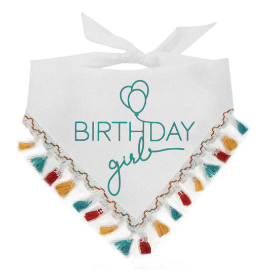 Birthday Girl Dog Bandana – Puff Print with Colorful Fringe | Natural Cotton Birthday Pet Accessory
