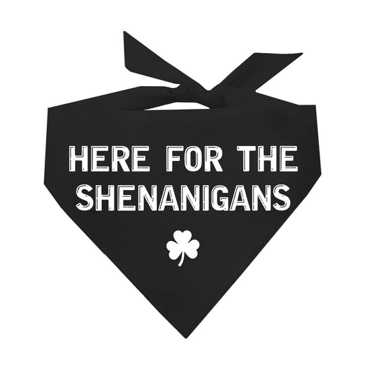 Here for the Shenanigans Dog Bandana | 100% Natural Cotton Triangle | Made in USA | St. Patrick’s Day Pet Outfit | Festive Pup Accessory