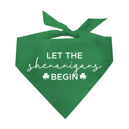 Let the Shenanigans Begin Dog Bandana | 100% Natural Cotton Triangle | Made in USA | St. Patrick’s Day Pet Outfit | Festive Pup Accessory