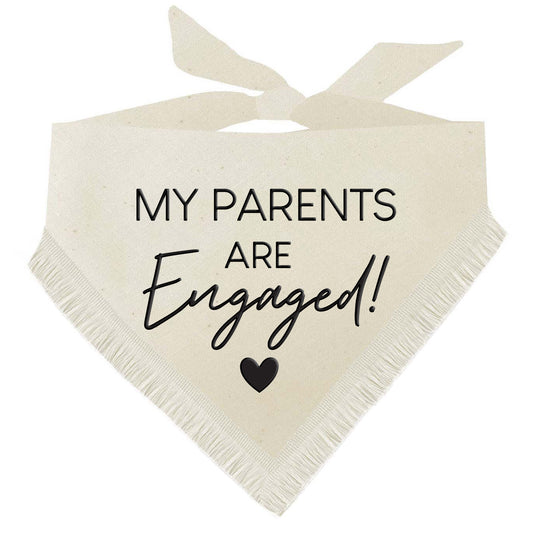My Parents Are Engaged! Boho Dog Wedding Bandana – Natural Cotton with Puff Print & Fringe Trim | Engagement or Proposal Pet Accessory