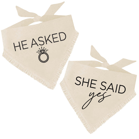 He Asked & She Said Yes Boho Dog Wedding Bandanas – Natural Cotton with Puff Print & Fringe Trim | Engagement or Proposal Pet Accessory | Bundle