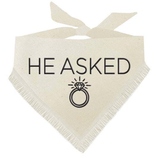 He Asked Boho Dog Wedding Bandana – Natural Cotton with Puff Print & Fringe Trim | Engagement or Proposal Pet Accessory