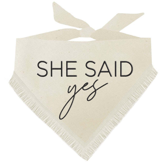 She Said Yes! Boho Dog Wedding Bandana – Natural Cotton with Puff Print & Fringe Trim | Engagement or Proposal Pet Accessory