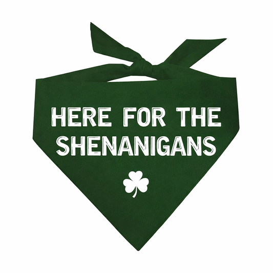Here for the Shenanigans Dog Bandana | 100% Natural Cotton Triangle | Made in USA | St. Patrick’s Day Pet Outfit | Festive Pup Accessory