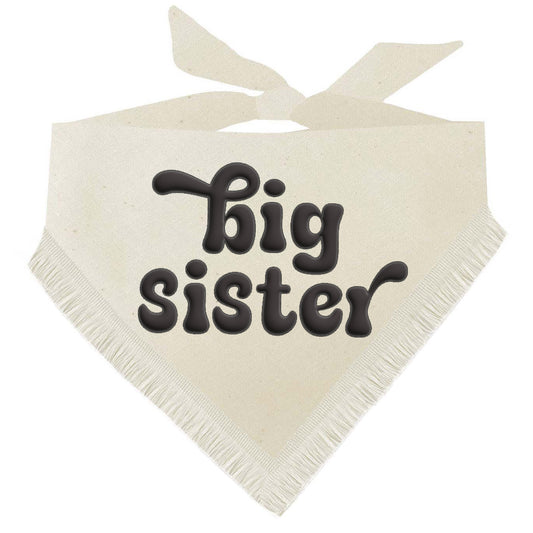 Big Sister Dog Bandana – Baby Announcement Pet Accessory with Puff Print & Boho Fringe | Natural Cotton