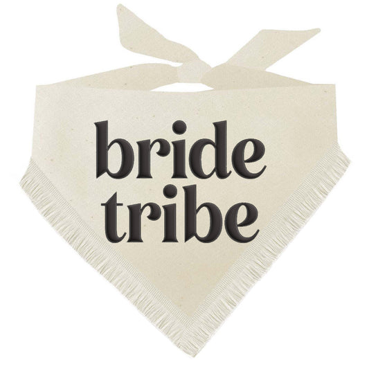 Bride Tribe Boho Dog Wedding Bandana – Natural Cotton with Puff Print & Fringe Trim | Engagement or Proposal Pet Accessory