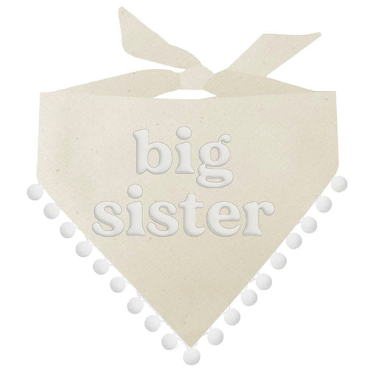 Big Sister Boho Dog Bandana – Baby Announcement Pet Accessory with Puff Print & Pom Pom Trim