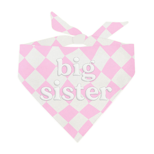 Big Sister Dog Bandana – Pink Checkered Baby Announcement with Puff Print | Gender Reveal Pet Accessory