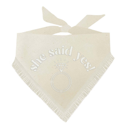 She Said Yes! Boho Dog Wedding Bandana – Natural Cotton with Puff Print & Fringe Trim | Engagement or Proposal Pet Accessory