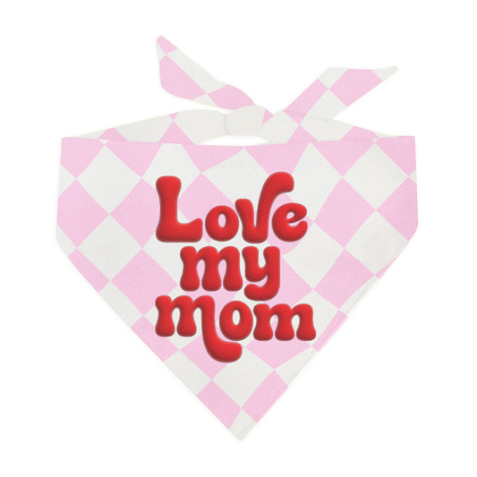 Love My Mom Dog Bandana – Groovy Red Puff Print | Cute Pet Accessory for Dog Moms