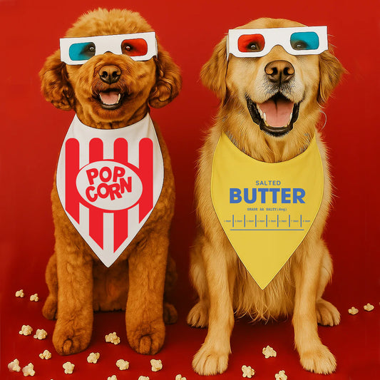 Popcorn & Butter Dog Bandana 2-Pack | 100% Natural Cotton Triangle | Made in USA | Snack-Themed Pet Accessory Set