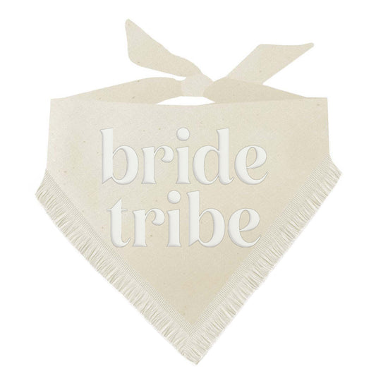 Bride Tribe Boho Dog Wedding Bandana – Natural Cotton with Puff Print & Fringe Trim | Engagement or Proposal Pet Accessory