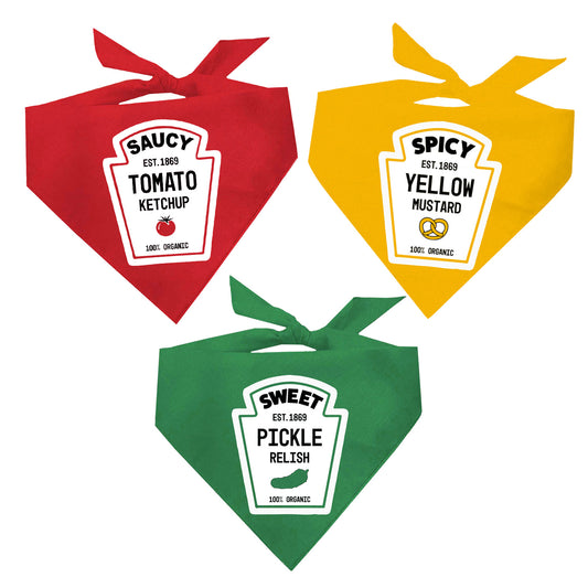 Cook Out Condiments Dog Bandana 3-Pack | Ketchup, Mustard & Relish Costume Set | 100% Cotton Triangle Bandanas | Funny BBQ Pet Outfits | Made in USA