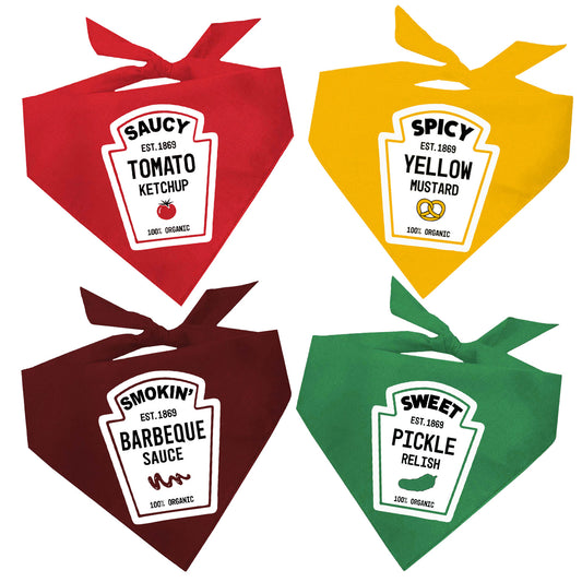 Ketchup, Mustard, Relish & BBQ Sauce Dog Bandana Set (4-Pack) | Funny Cookout Costume for Pets | Triangle Cotton Bandanas | Summer BBQ Dog Outfit