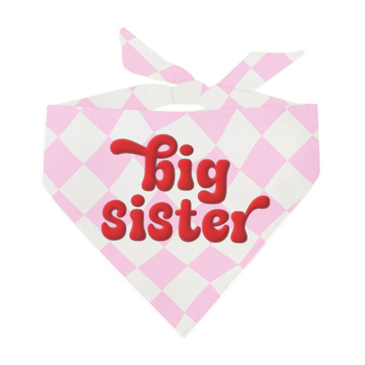 Big Sister Dog Bandana – Red Puff Print with Pink Wavy Checkerboard | Baby Announcement Pet Accessory
