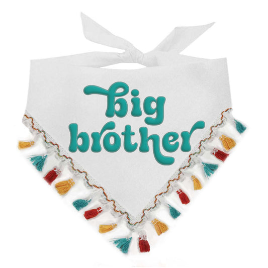 Big Brother Dog Bandana – Baby Announcement with Puff Print with Colorful Fringe | Natural Cotton Pet Accessory