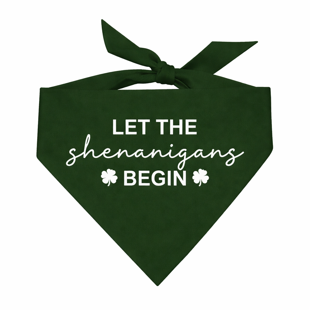 Let the Shenanigans Begin Dog Bandana | 100% Natural Cotton Triangle | Made in USA | St. Patrick’s Day Pet Outfit | Festive Pup Accessory