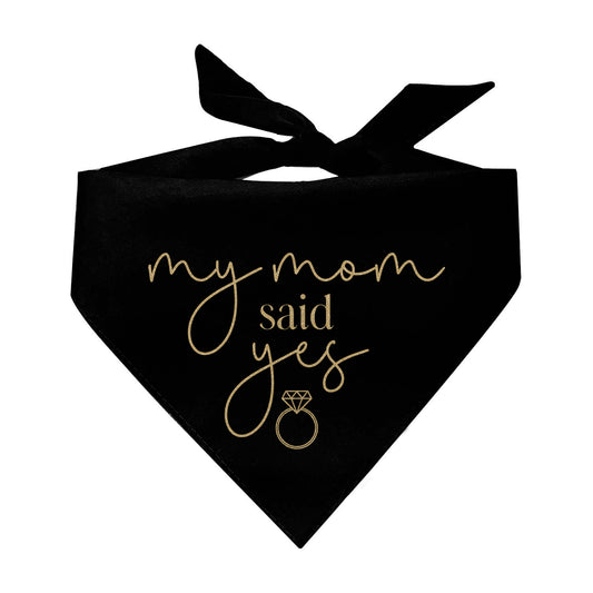 My Mom Said Yes! Engagement Announcement Elegant Triangle Dog Bandana (Gold Print)