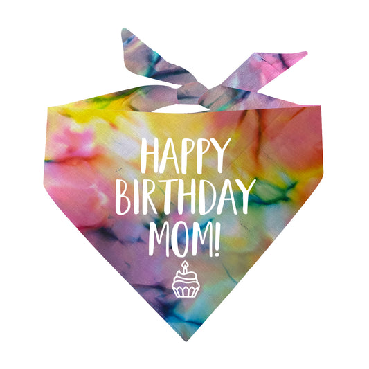 Happy Birthday Mom! Scrunch Tie Dye Pattern Triangle Dog Bandana